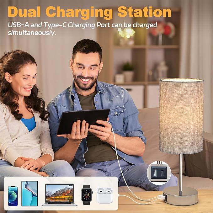 AKASUKI Table Lamp for Bedroom, 3 Way Dimmable Touch Lamp with Dual Charging Station, Small Bedside Lamps for Night Stands, Living Room, Office(LED Bulb Included)