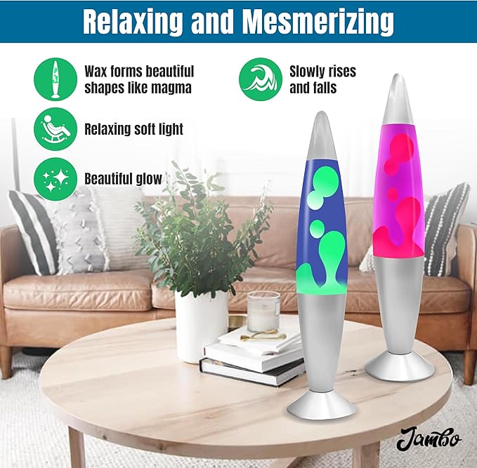 JAMBO 2 Pack- 16" Beautiful Lamp- Blue with Yellow/Green Wax and Purple with Pink Wax, Relaxing Liquid Lamp, Night Light Nightlight, Lamps for Adults Teens Kid