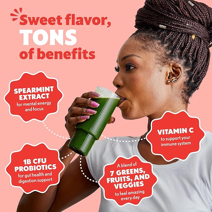 Amazing Grass Sweet Greens and Superfoods Powder for Digestive Health, Greens Powder, Digestive Enzymes, Probiotics, Spirulina, Chlorella, Peach Hibiscus, 30 Servings