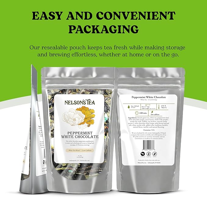 Nelson's Tea - White Chocolate Peppermint - Loose Leaf Tea - Green tea, white tea, peppermint, safflower, white chocolate, and mint chocolate - 16 oz.