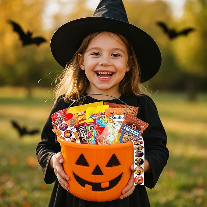 Halloween Assorted Pumpkin Bucket (44 Count) Filled with Candies, Snacks, Cookies and more, Treats for Family, Friends, Kids, Boys and Girls