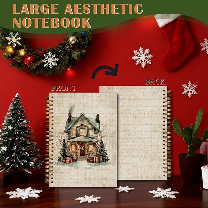 Exqcom Christmas House Spiral Notebook Gifts, Winter Holiday Cottage Retro Journal for Women, Christmas Office Gifts Hardcover Notebook Journal Office School Supplies, 5.5x8.3 Inch
