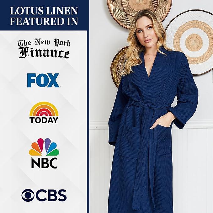 Lotus Linen Waffle Robes for Women - Lightweight Cotton Kimono Bathrobe - Long Soft Spa Bath Robe