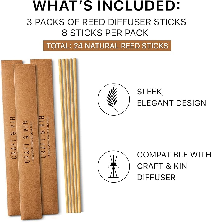 Craft & Kin Reed Diffuser Sticks – 3 Pack of 8 Natural Rattan Sticks per Pouch – Home Fragrance Refill, Eco-Friendly Reed Replacement for Essential Oil Diffusers
