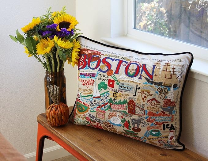 Catstudio Boston Embroidered Pillow - U.S. City Souvenir Decorative Throw Pillow with Original Artwork for Boston Lovers, Travel Souvenir