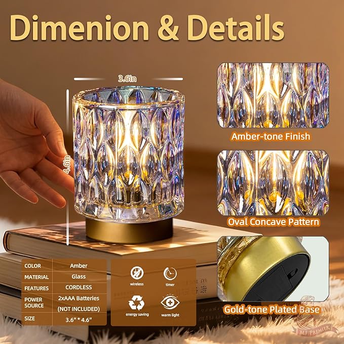 Battery Operated Table Lamps Timer, Mini Crystal Lamp for Area No Plug, Cordless Lamp with LED Bulb for Power Outage, Decorative Lamps for Tabletop/Corner/Entryway/Stairway/Bathroom/Fireplace(2*PEARL)