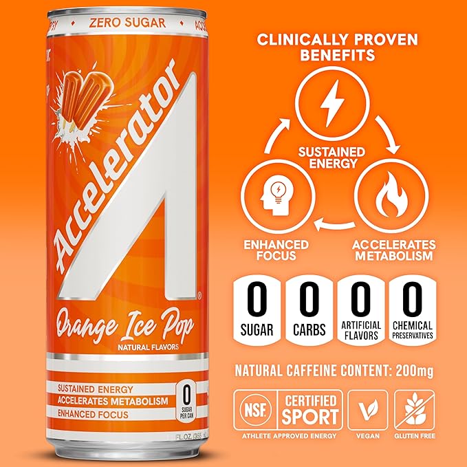 Accelerator Energy Drink Sugar Free, Orange Ice Pop 12oz can(12 pack), Zero Sugar Energy Drinks with Sustained Energy from 100% Natural Caffeine (200mg) & Green Tea extract