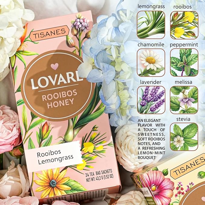 LOVARE Rooibos Honey Tea – Smooth & Naturally Sweet Herbal Blend with Rooibos, Honey & Flowers – Caffeine-Free, 24 Tea Bags (1.8g Each) for Relaxation & Wellness (ROOIBOS HONEY)