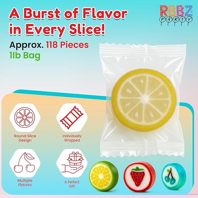Fruit Slices Candy - Hard Candy Bulk 1 lb Bag of Individually Wrapped Small Candy Fruit Slices (approx. 118 pcs) Hard Candies Assortment - Great for Candy Buffet - Office Candy - Treat Bags