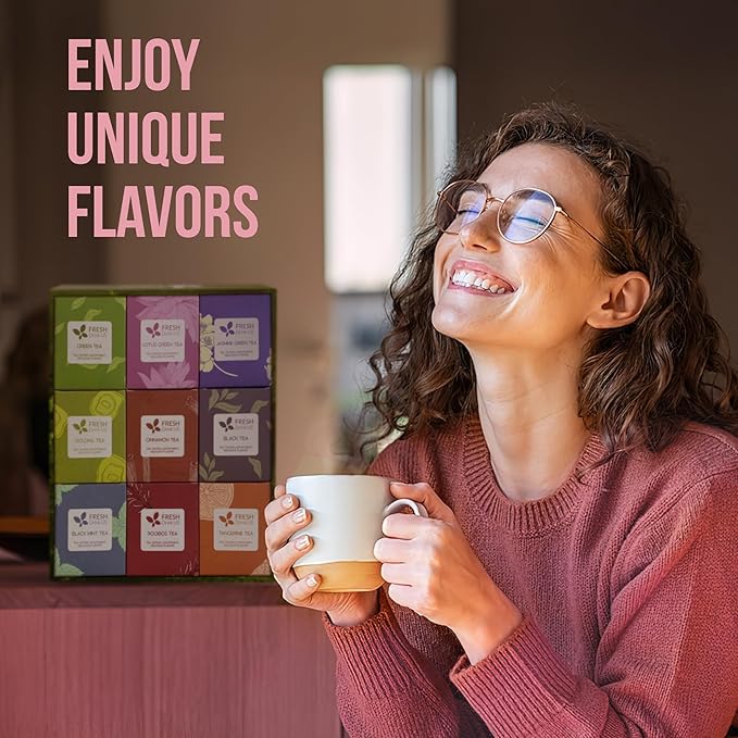FreshDrinkUS, Premium 90 Tea Bags Sampler Assortment, 9 Different Flavors, 100% Natural Ingredients, Perfect and Well Combination Tea Gift for Tea Lovers, Friends and Family. No Additives, No Gluten, No Sugar, Vegan