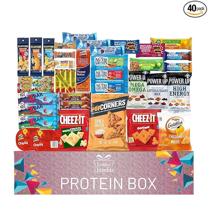 Jumbo Jumble Snack Box (40 Count) Protein Gift Care Package Snacks Variety Pack for Adults Teens Kids Men Women College Office Birthday (Protein Set)