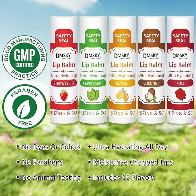 DMSKY Lip Balm 240 Pack, Lip Balm Bulk with Vitamin E and Coconut Oil, Moisturizing Lip Balm for Dry Cracked Lips-15 Flavors