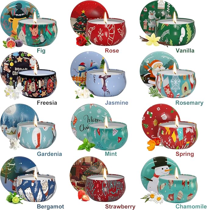 Christmas Candles Gifts Set for Women, Primevolve Scented Candles for 12 Bulk Home Aromatherapy, Strongly Fragrance Long Lasting Portable Travel Tin for Spa Bath Yoga