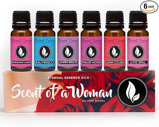 Eternal Essence Oils Scent of a Woman Set of 6 Premium Fragrance Oils - Includes Guava Colada, Twilight Woods, Bali Mango, Passion Fruit & Guava, Juniper Breeze, and Love Spell Scented Oils - 10ML