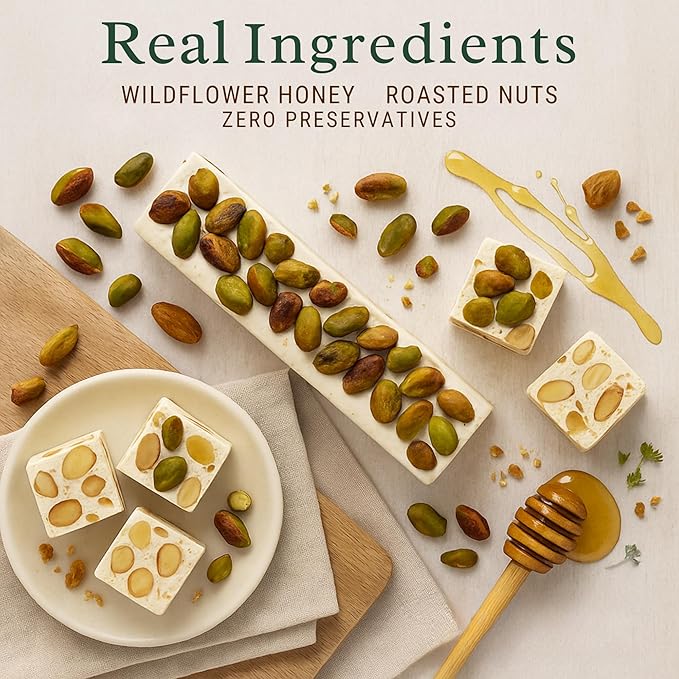 Andy Anand Chocolatier Gluten Free Roasted Pistachios Soft Nougat Brittle - Made in Europe Luxuriously Creamy Feel Almond Nougat Candy, Made With Wildflower Honey & Roasted Nuts (7 Oz)