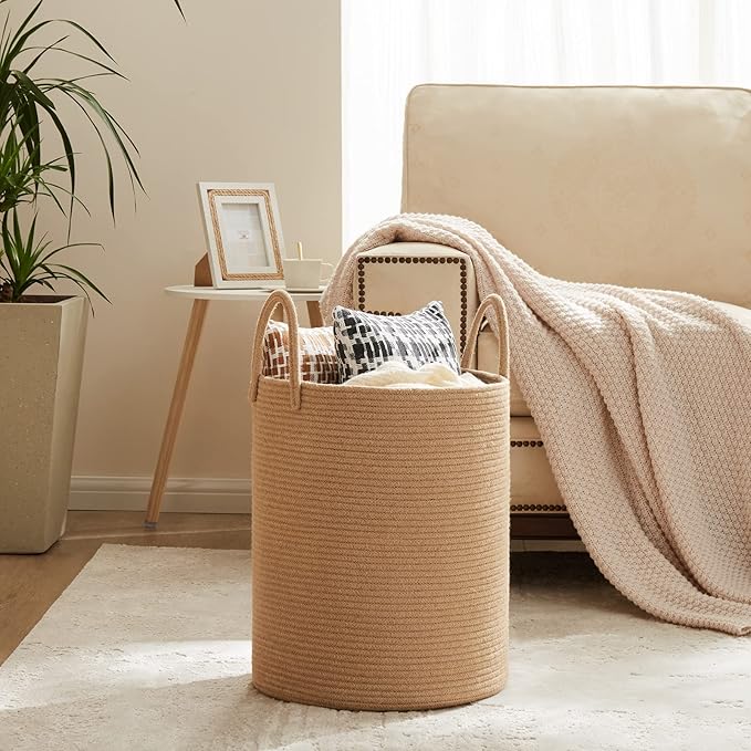 Fiona's magic Jute Rope Laundry Hamper Basket, 58L Tall Laundry Basket for Blanket Storage, Large Baby Nursery Hamper for Laundry, Woven Clothes Hamper for Bedroom, Living Room-Jute