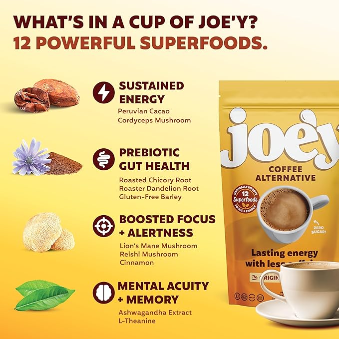 Joe'y Mushroom Coffee Alternative with Cacao and Dandelion Root, Chicory Coffee Substitute with Adaptogenic Superfoods, Vegan Gluten-Free Drink for Focus and Clean Energy without Jitters, 60 Servings