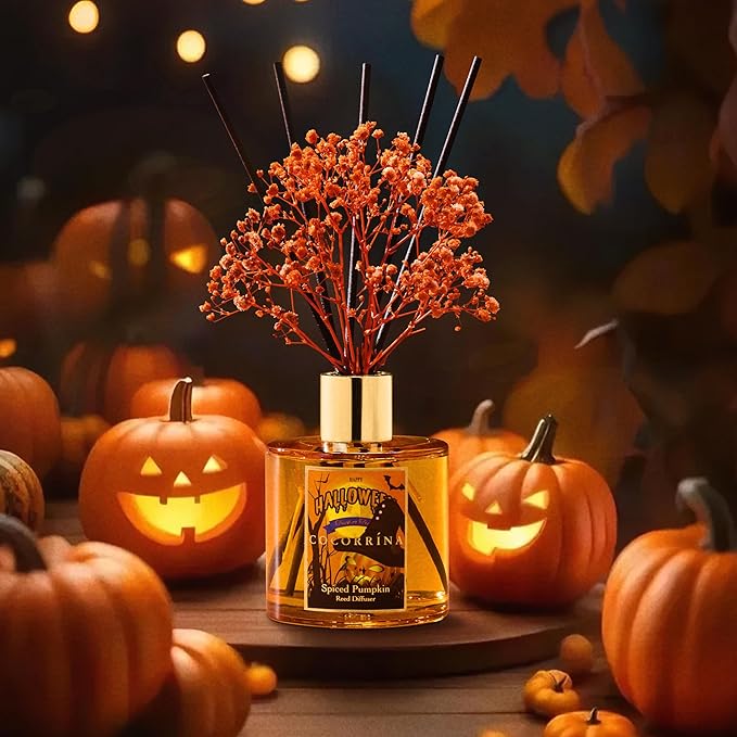COCORRÍNA Reed Diffuser - Spiced Pumpkin 6.7 fl oz Scented Diffuser with 8 Sticks Home Fragrance Bathroom Shelf Decor (Halloween Collection)