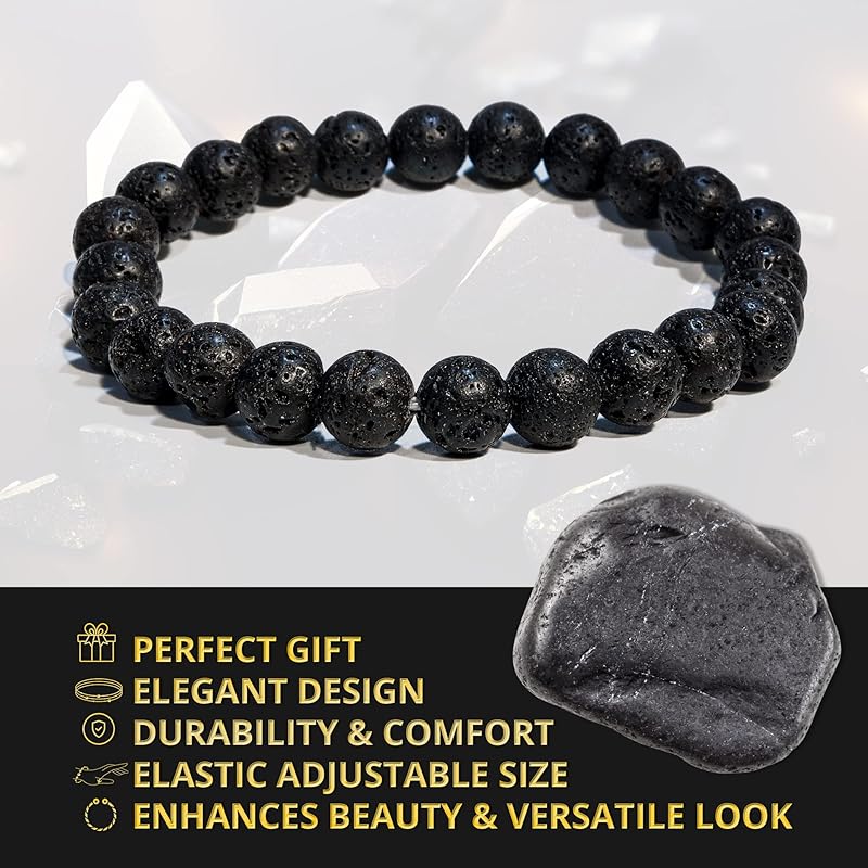 Lava Rock Diffuser Bracelet, Natural Healing Crystal Bracelet for Women and Men, 8mm Round Beaded Bracelet for Spiritual, Protection, Positive Energy, Elastic Adjustable Size Gemstone Bead Bracelet
