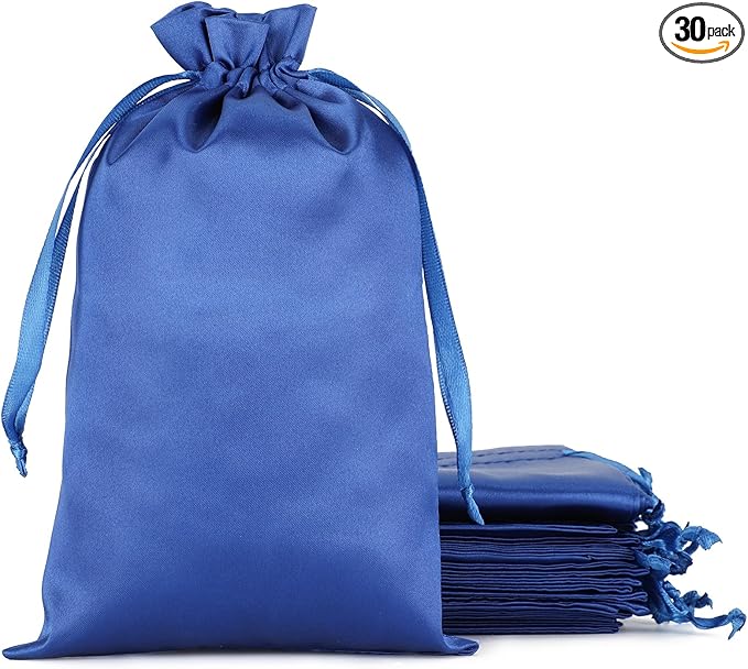 Blue Satin Drawstring Bags, 30Pcs 5x8 Small Gift Bags, For Kids Classroom, Wedding, Birthday, Halloween Party, or Bachelor Party Favors, Shot Glasses, Alcohol Bottle, For Groomsman