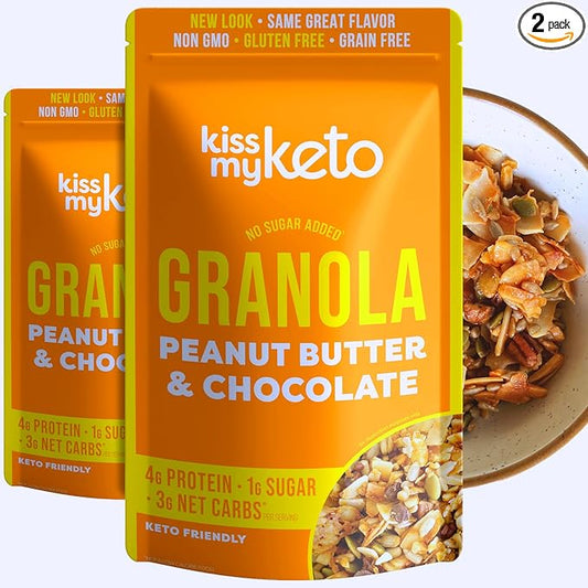Kiss My Keto Sugar Free Granola, Peanut Butter Chocolate 2-Pack – Curb Cravings with Few Net Carbs – Allulose Sweetened, Resealable & Gluten-Free Crunchy Clusters – Grain Free Granola Great With Yogurt or Milk