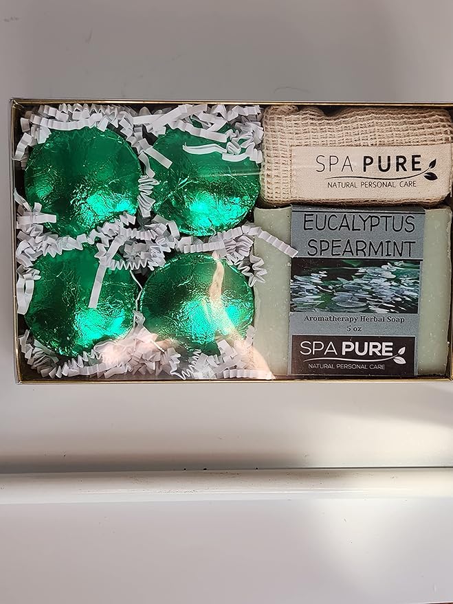 Spa Pure Aromatherapy Gift Set: Eucalyptus Spearmint Artisan soap, 4 Shower Steamers, made with plant based ingredients, steamer bag & soap bag