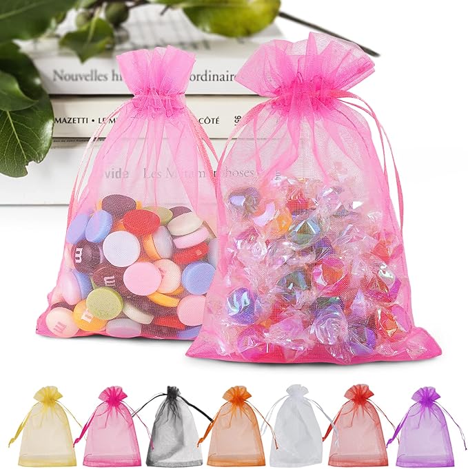 ANZNKU 100PCS Sheer Pink Organza Bags 5x7 inch Mesh Bags Drawstring, Small Mesh Gift Bag for Makeup, Mesh Bag Drawstring, Organza Favor Pouches for Party Wedding Mesh Festival