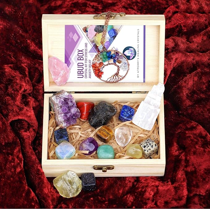 AtPerry's 16 LARGE Natural Healing Crystals Set in Wooden Box - Tumbled, Rough & Raw Crystals, Including Selenite Tower, Black Tourmaline, Amethyst, Rose Quartz, Lapiz Lazuli, Citrine & Tiger's Eye