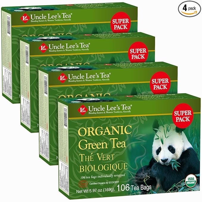 Uncle Lee's Organic Green Tea Bags 4-Pack, 106-Count Super Packs – Bright & Refreshing, Lightly Caffeinated Bulk Tea for Home, Office, Camping