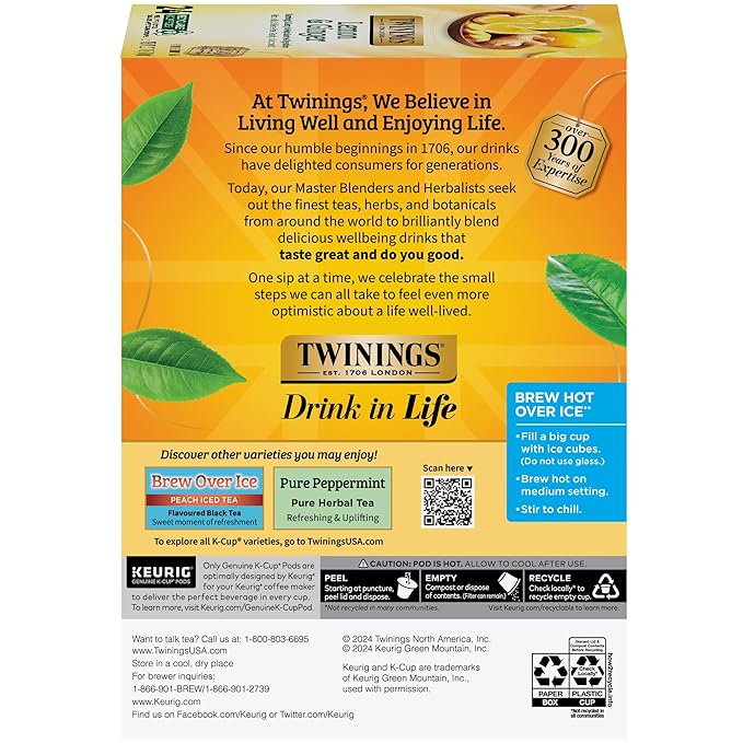 Twinings Lemon & Ginger Herbal Tea K-Cup Pods for Keurig, 24 Count (Pack of 1), Tangy & Spicy, Naturally Caffeine-Free, Enjoy Hot or Iced