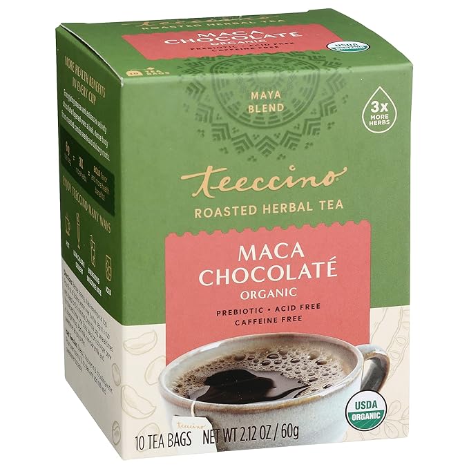 Teeccino Maca Chocolaté Herbal Tea - Rich & Roasted Herbal Tea That’s Caffeine Free & Prebiotic with Natural Energy from Adaptogenic Peruvian Maca, 10 Tea Bags (Pack of 6)
