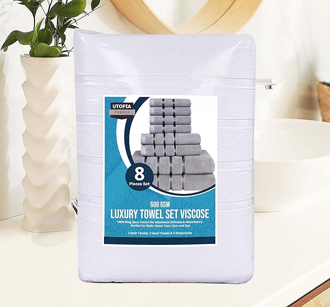 Utopia Towels 8 Piece Luxury Towel Set, 2 Bath, 2 Hand, and 4 Wash Cloths, 600 GSM Ring Spun Cotton, Highly Absorbent Viscose Stripe Towels, Ideal for Everyday use, White