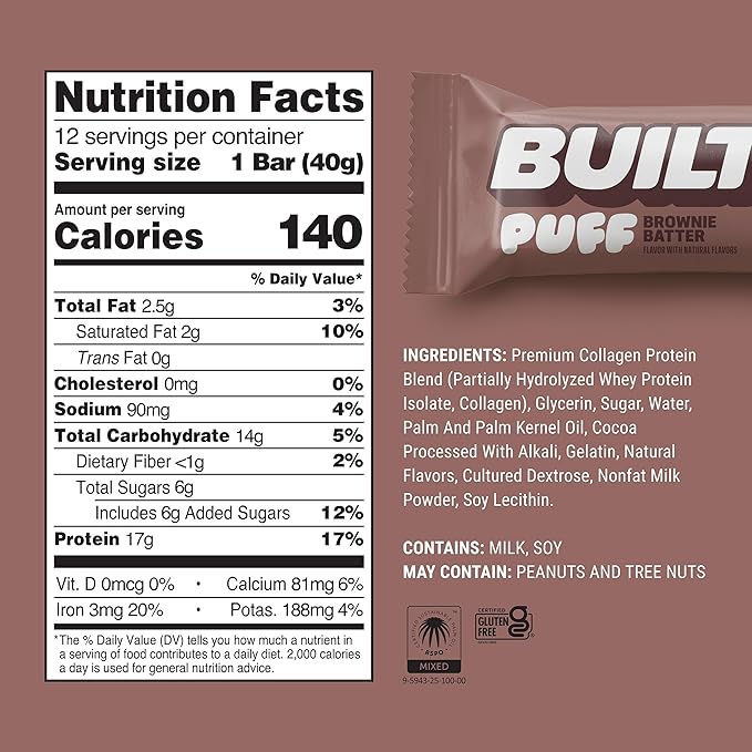 Built Bar, Puff Protein Bars, Brownie Batter Puff, 17g Protein Snacks, On-The-Go Bars, Only 140 Calories, 6g Sugar, Collagen, Gluten Free, 12 Count