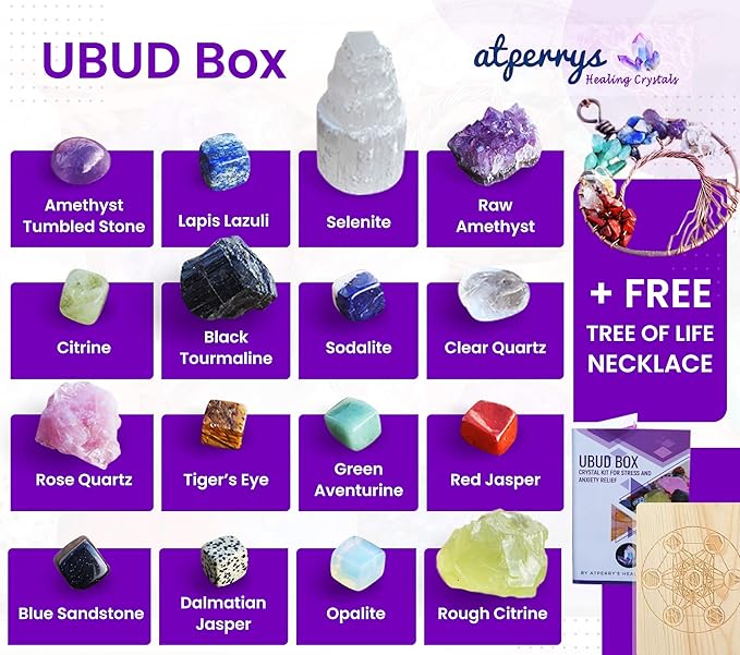 AtPerry's 16 LARGE Natural Healing Crystals Set in Wooden Box - Tumbled, Rough & Raw Crystals, Including Selenite Tower, Black Tourmaline, Amethyst, Rose Quartz, Lapiz Lazuli, Citrine & Tiger's Eye
