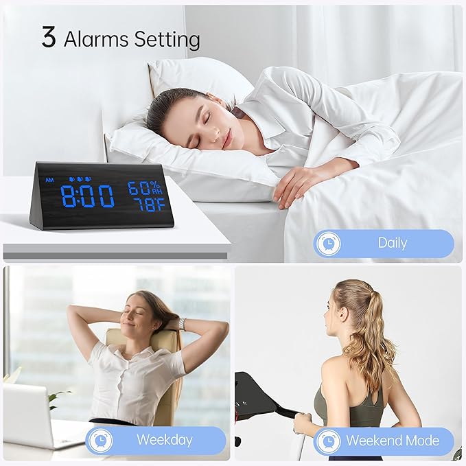 Digital Alarm Clock, with Wooden Electronic LED Time Display, 3 Alarm Settings, Humidity & Temperature Detect, Wood Made Electric Clocks for Bedroom, Bedside (Black - Blue Led)