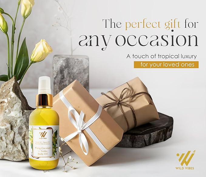 Wild Vibes Ylang Coconut + Vanilla Bean Luxury Body Oil – Organic with Coconut and Tropical Oils for Smooth, Hydrated Skin – After Shower for Women – 4 oz