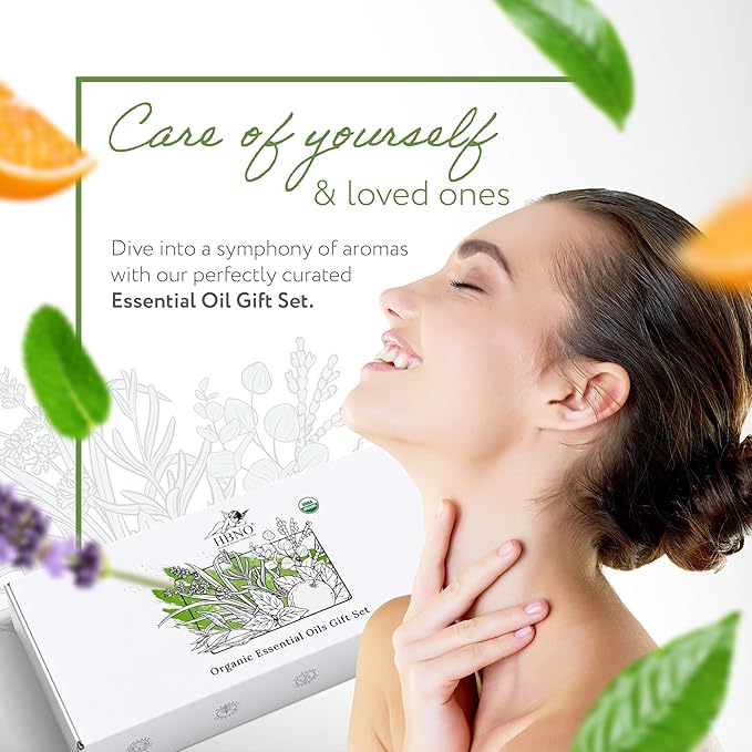 HBNO Organic Essential Oils Set (10ml) - Top 6 Essential Oils. Ideal for Aromatherapy, Soap Making, and Skincare and More - Lavender, Eucalyptus, Tea Tree, Peppermint, Orange, Lemongrass.