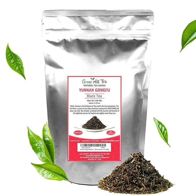 Greenhilltea Golden yunnan tea, Yunnan Gongfu Black Tea, Natural Black Tea with Excellent fullness with subtle sweetness– 3.5 Oz Bag