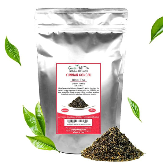 Greenhilltea Golden yunnan tea, Yunnan Gongfu Black Tea, Natural Black Tea with Excellent fullness with subtle sweetness– 3.5 Oz Bag
