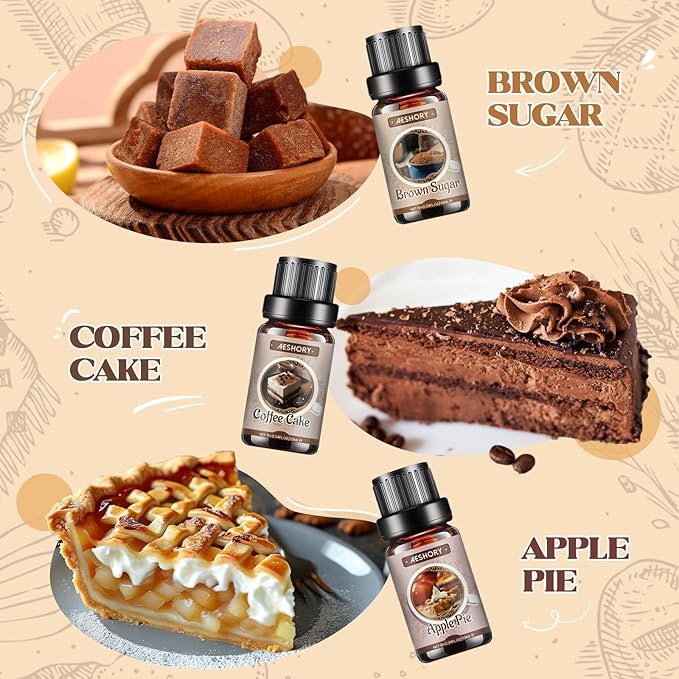 Bakery Essential Oils Set - 6x10ML Fragrance Oils for Home Diffusers,Candle & Soap Making |Home Aromatherapy & Crafting| Leather, Hot Chocolate, Coffee Cake, Mocha Coffee, Apple Pie,Brown Sugar Scents