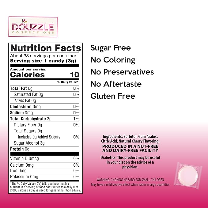 DOUzzle Sugar Free Cherry Hard Candy Drops, Dye Free (1 Pack) Individually Wrapped - Healthy Low Calorie Snack, Gluten Free, All Natural, No Preservatives, No Aftertaste - Kosher Parve