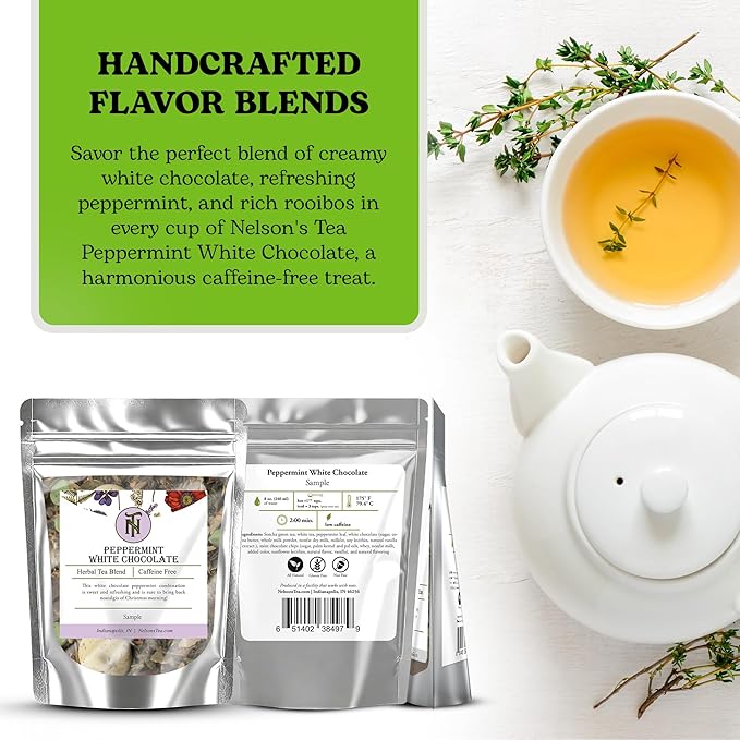 Nelson's Tea - Peppermint White Chocolate - Caffeine Free - Loose Leaf Tea with Green & Red Rooibos - White Chocolate Peppermint Tea (Sample 0.4 Oz)