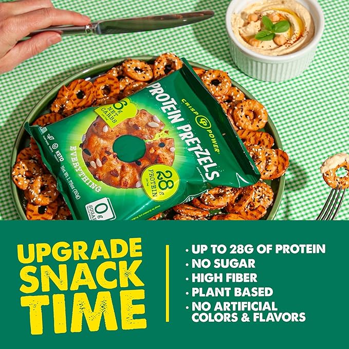 Crisp Power Protein Pretzels, Everything, High Protein Vegan Keto Snack, 28 G Plant Based Protein, Low Carb Crunchy Pretzel Snacks, Sugar Free, No Seed Oils, 1.75 oz Bags, 24 Pack