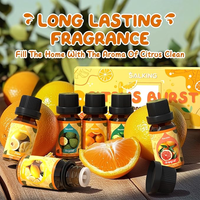 SALKING Citrus Burst Essential Oil Set, Premium Fragrance Oil for Diffuser, Scented Oil Gift Set for Soap Candle Making - Sweet Orange, Bergamo, Lemon, Grapefruit, Lime, Yuzu