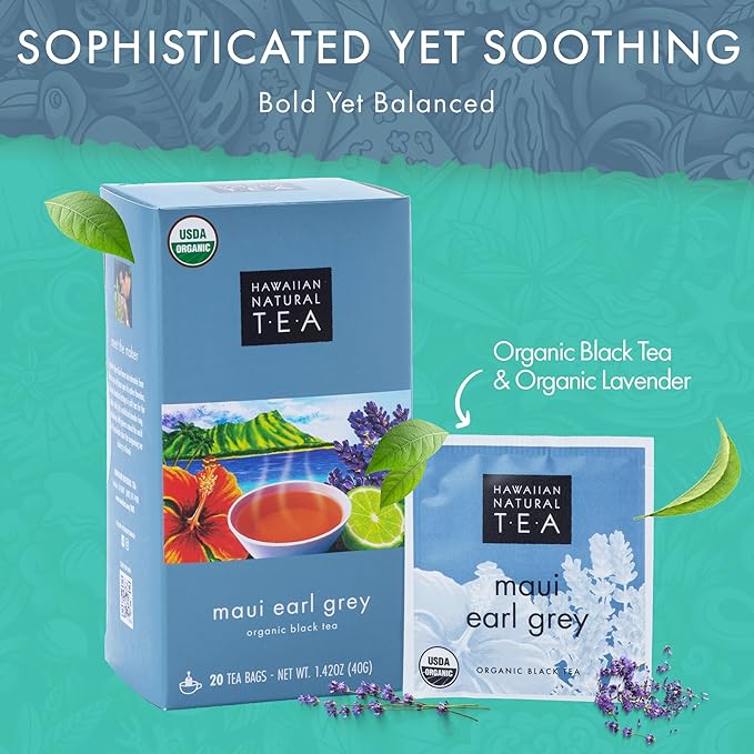Hawaiian Natural Tea Organic Maui Lavender Earl Grey Bags - Premium Black Tea, Antioxidant Rich - 20 Bags