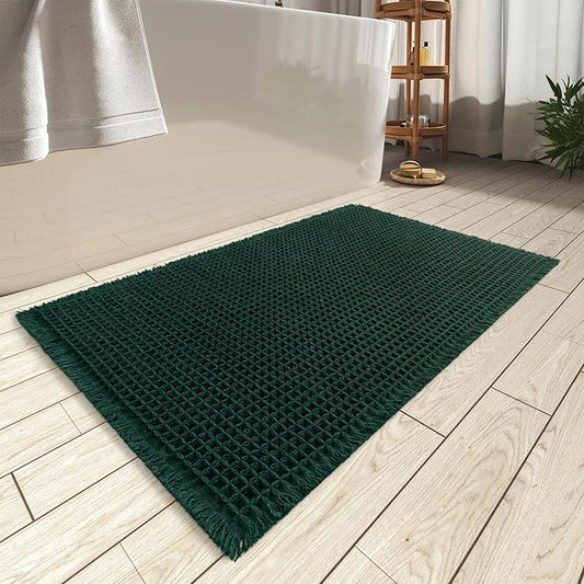 AMOAMI Upgraded Waffle Bath Mat, Super Absorbent Non Slip Bath Mats for Bathroom Floor, Machine Washable Bathroom Rugs with Tassels, Rubber Backed Bathroom Mats, Ultra Soft, 20" x 32", Dark Green