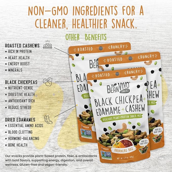 BeanVIVO Healthy Snacks for Adults & Kids with 7g Protein & 5g Fiber per Serving with Dried Edamame, Roasted Cashew and Chickpeas - Vegan & Gluten Free - Keto Friendly & Non-GMO - 3-Pack (4.5 oz Each Pouch)