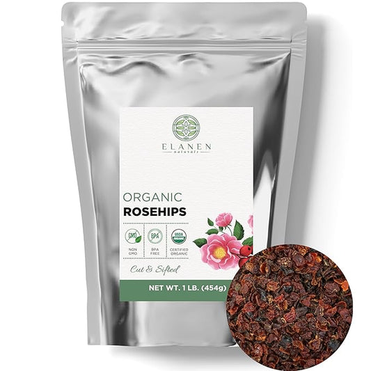 Elanen Naturals Organic Rose Hips 1 lb. (16 oz.), USDA Certified Organic Rosehip Tea, Dried Rose Hips, Whole Rosehips Bulk, Cut & Sifted