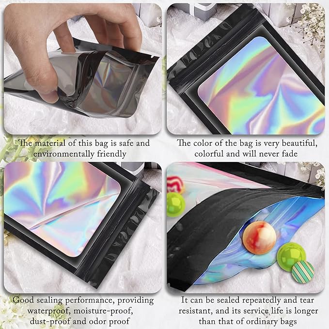 100 Pack Holographic Bags, Smell Proof Packaging Bags, Clear Window Resealable Odor Foil Pouch Mylar Bag for Food Storage and Lipgloss, Jewelry Lash (Black, 5.1 x 8.3 Inch)