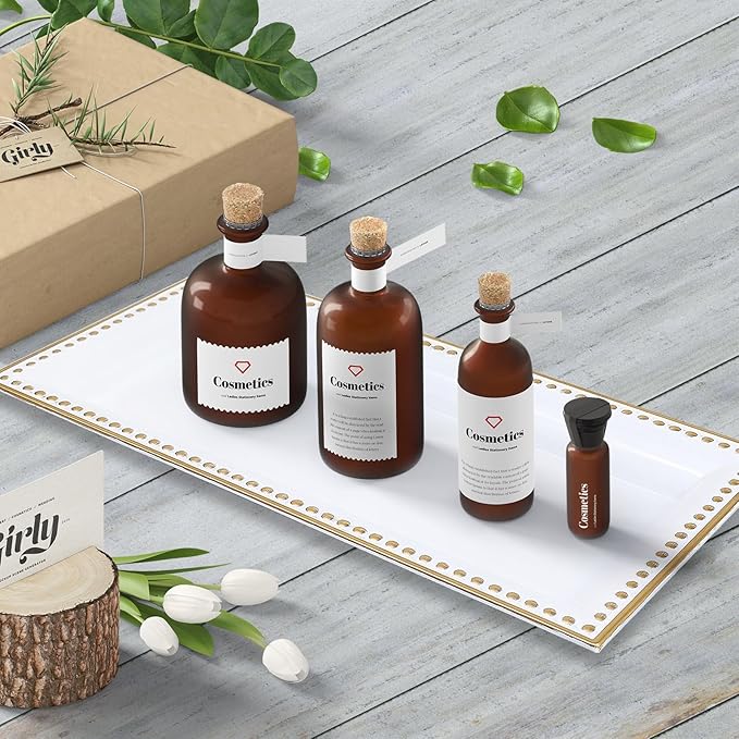 2 Pack White Bathroom Vanity Tray for Countertop with Beads, Small Plastic Toilet Tank Tray Versatile Storage Organization Tray for Makeup, Perfume, Desk, Kitchen, Candles, 14"x7"x1", 36W